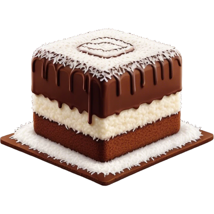 Lamington Cinematic Realistic Lamington Dessert Emoji, depicted as a sponge cake square coated in chocolate and dusted with coconut on all sides, rendered with lifelike textures and vibrant, tropical lighting. emoji