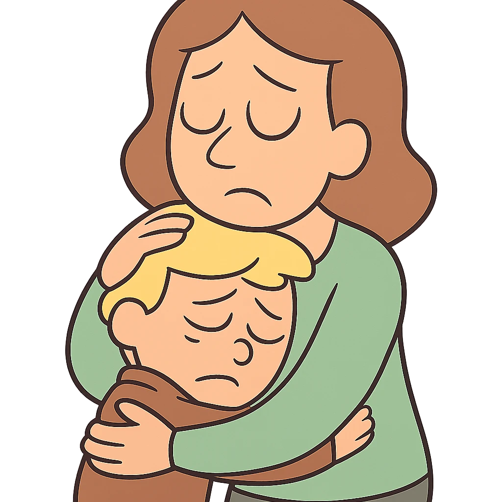 mother hugging a sad child, simple shapes, gentle palette emoji
