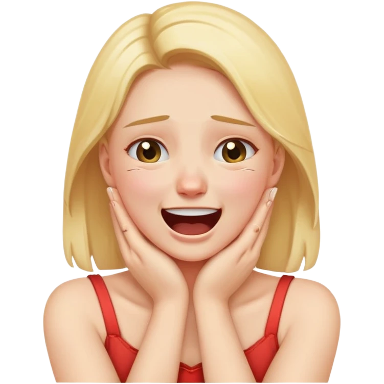 A girl holding her neck with her hands and her arms crossing with her face making a crying/laughing face emoji