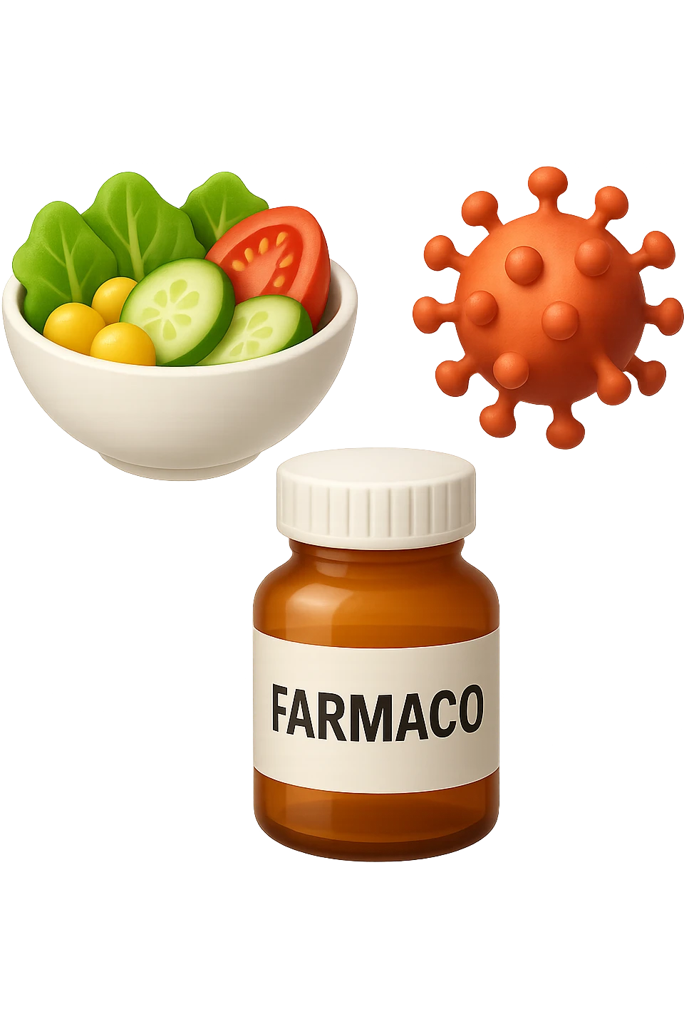 EMOJI STILE IPHONE DI una bowl di insalata, una boccetta di farmaco con la scritta "FARMACO" SULLA BOCCETTA E UN VIRUS, FLUTTUANO IN ARIA, IPERREALISTICO 4K emoji