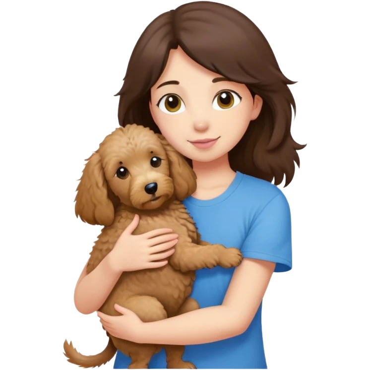 One girl with medium long dark brown hair dressing baby pink T-shirt, hugging One little brown coated labradoodle and a yellow-headed, blue-bellied macaw emoji