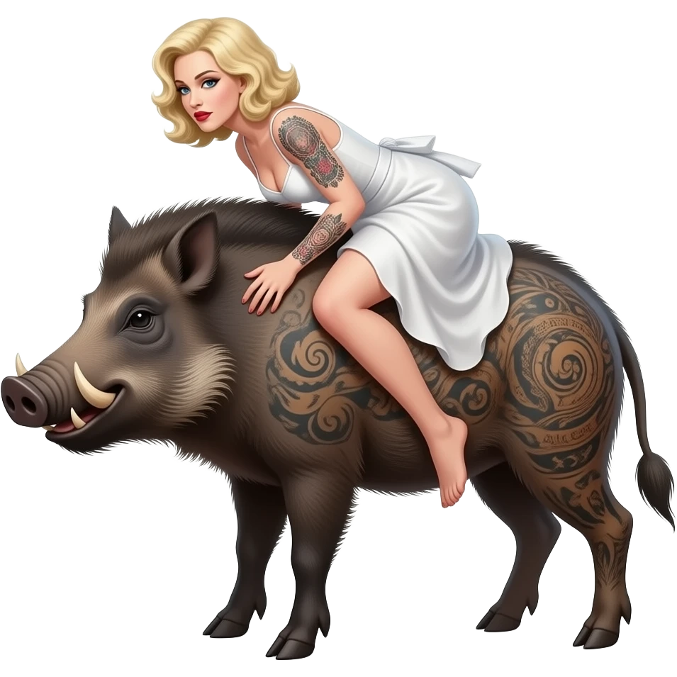 cinematic surrealistic - a tattooed boar with very thin long legs from a painting by Salvador Dali carries the ethereal body of artist Madonna on its back emoji