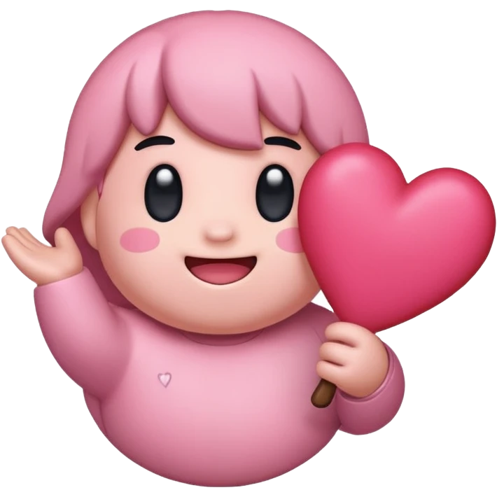 create a chibi sticker of Kirby smiling with a heart in his hands emoji