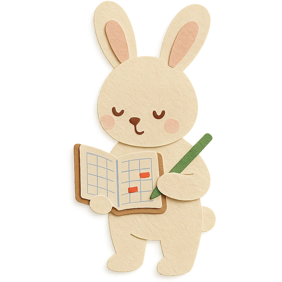 highly detailed, high quality paper craft style illustration of a cream-colored bunny standing and writing in a planner, intricate textures, soft lighting, delicate cut-paper details emoji