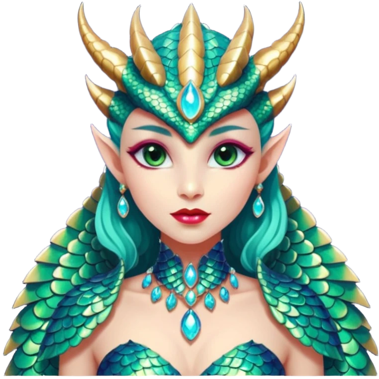 A gorgeous dragon woman with glittering jeweled scales covering her body and face. She has large almond shaped eyes, lush lips, and she wears a stunning luminescent gown. emoji