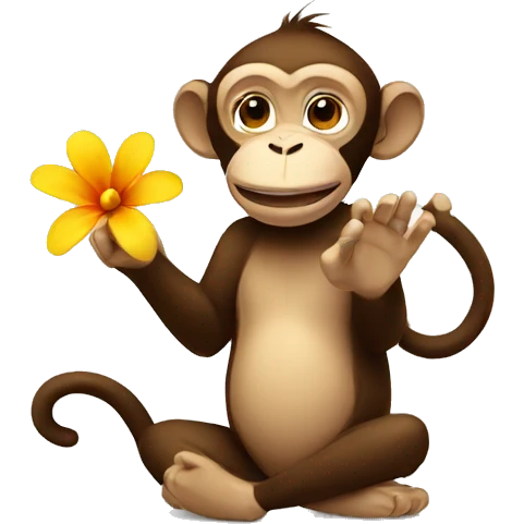 a monkey waves hands while holding a flower emoji