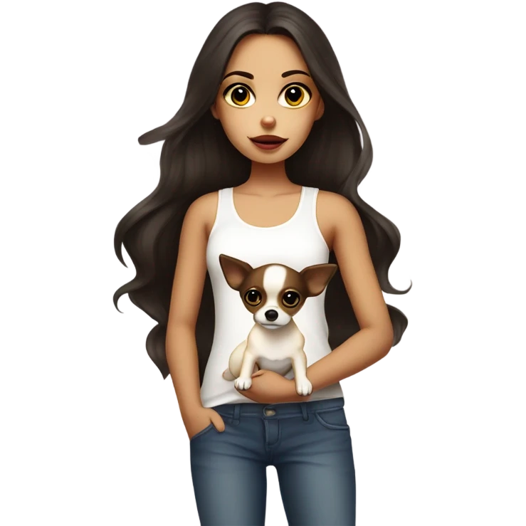 A girl with long very dark brown hair, big brown eyes, very big lips wearing a white singlet top, she is holding a very small  chihuahua that is only yellow in colour emoji
