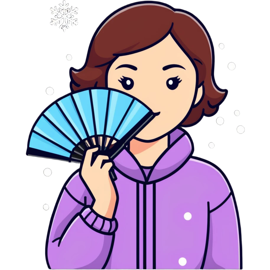 a woman holding a fan, with her face flushed and surrounded by snowflakes, symbolizing menopause hot inside cold outside emoji