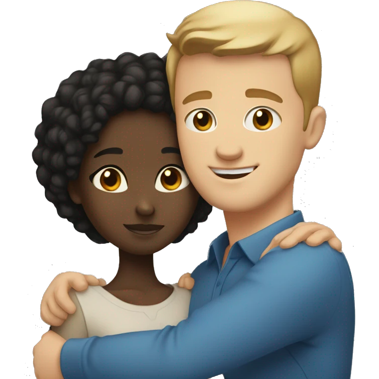 black girl with short hair and white guy with blue eyes hugging emoji