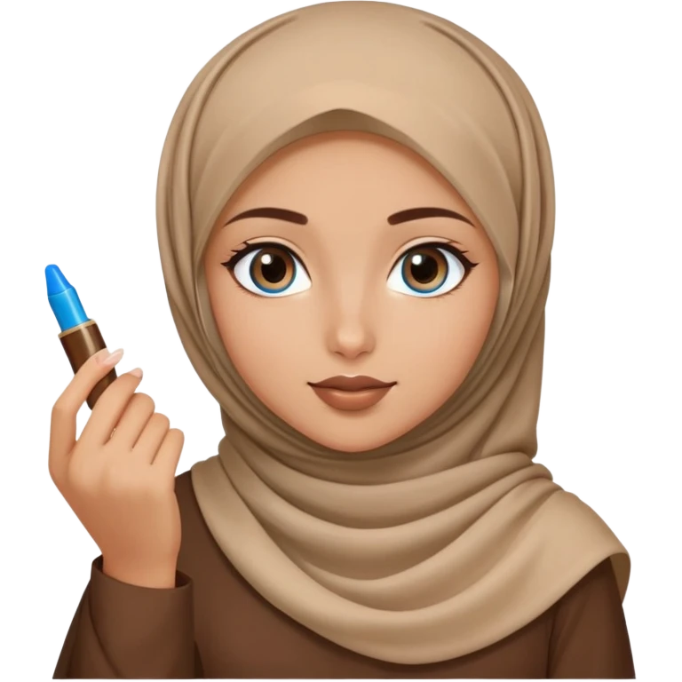 Turkish beautiful finish Konya blonde girl blue eyes with brown beige hijab islamic dress and had on her hand brown lipgloss emoji