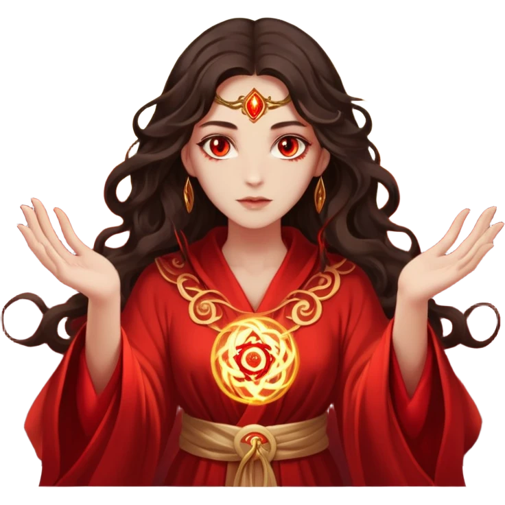 a mystical woman with beige skin, wavy dark brown hair, and glowing red eyes. She wears a flowing red and gold robe with arcane symbols, and red magical energy swirls around her hands.  emoji