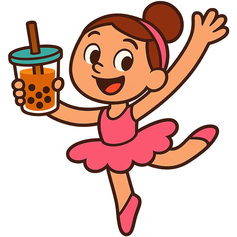 a cartoon ballerina holding a cup of boba tea, cheerful, vibrant toon style, lively and fun emoji