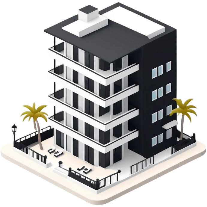 Isometric exterior black and white beach resort hotel, modern dollhouse style 3D realistic  emoji
