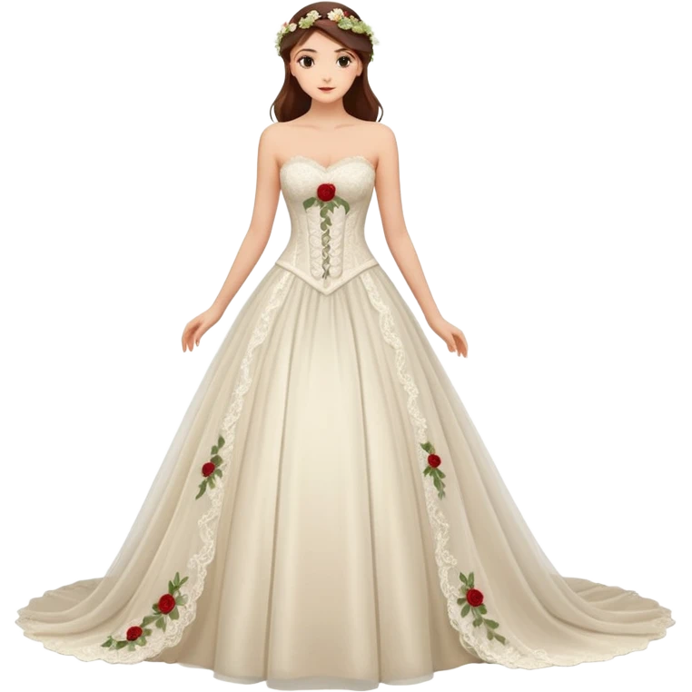 A romantic strapless A-line wedding gown with a sheer lace corset bodice and flowing floral applique skirt. emoji