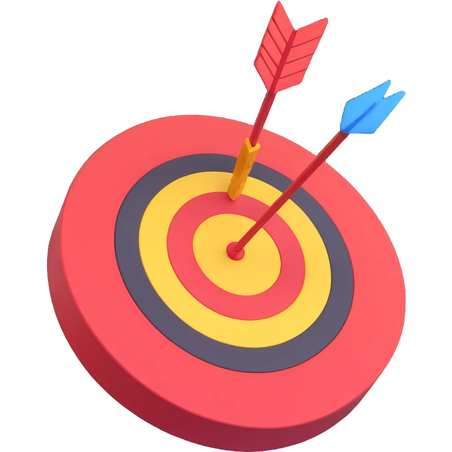 Edit the image to show a target with an arrow in the center in 3D style. Use #FED70F as the main color for the target and #992FFB for the accents including the arrow. Keep the 3D look and no background (transparent). emoji