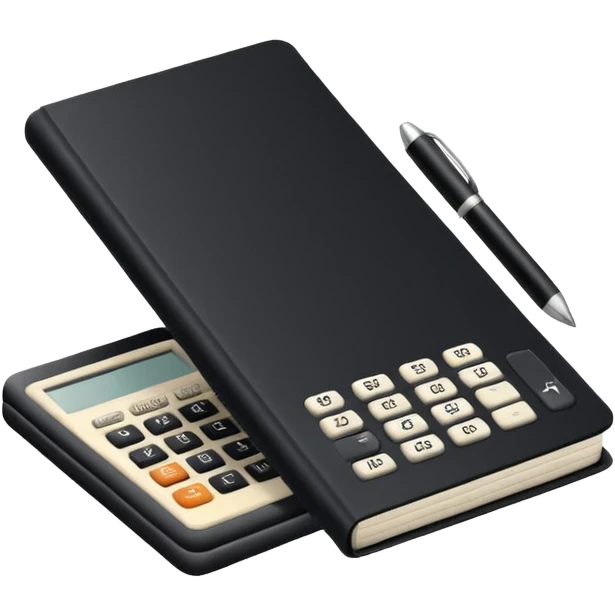 Minimalistic flat vector icon, iOS style, thin black contour on white background. Small black notebook with visible binding, placed next to a calculator. Clean, modern, no text, no shadows. emoji