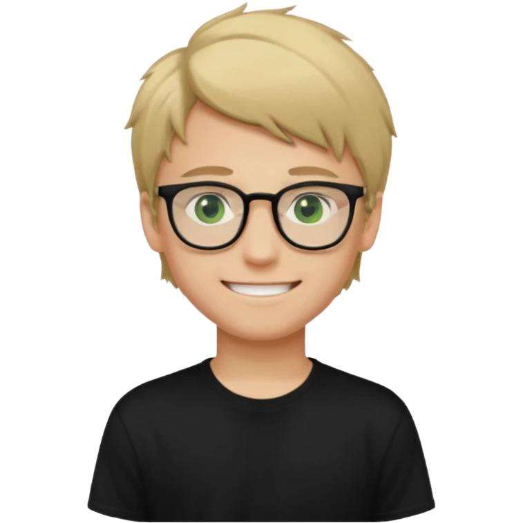 Generate me a profile picture like with a teenage boy who has dirty blond hair, green eyes, glasses and a black t-shirt emoji