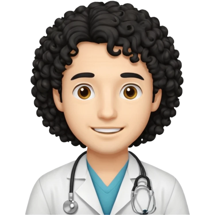 a young male doctor with black long curly hair and cheerful face without gpasses emoji