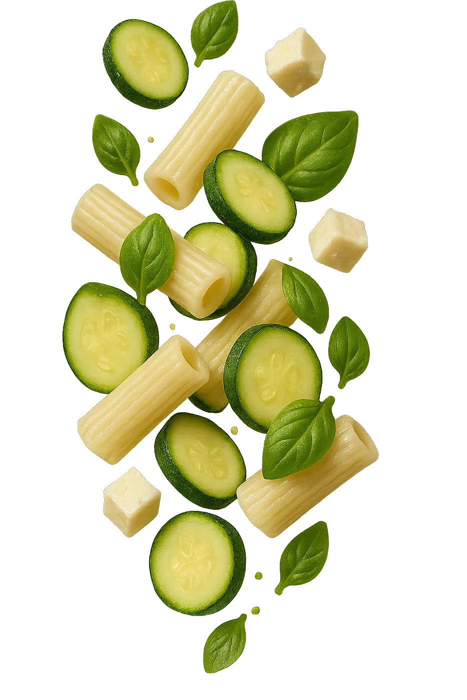 EMOJI STILE IPHONE DI Pasta di riso con zucchine, basilico e feta cade verticalmente, iperrealistica 4k emoji