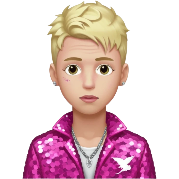 Machine Gun Kelly with blonde hair, dark pink sequin outfit emoji
