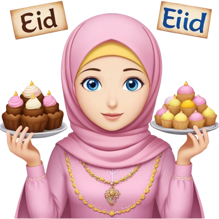 Turkish beautiful finish Konya girl blue eyes with powder pink yellow hijab islamic dress and had on her hand text Eid Mubarak with sweets and celebrating with her friends eid days   emoji