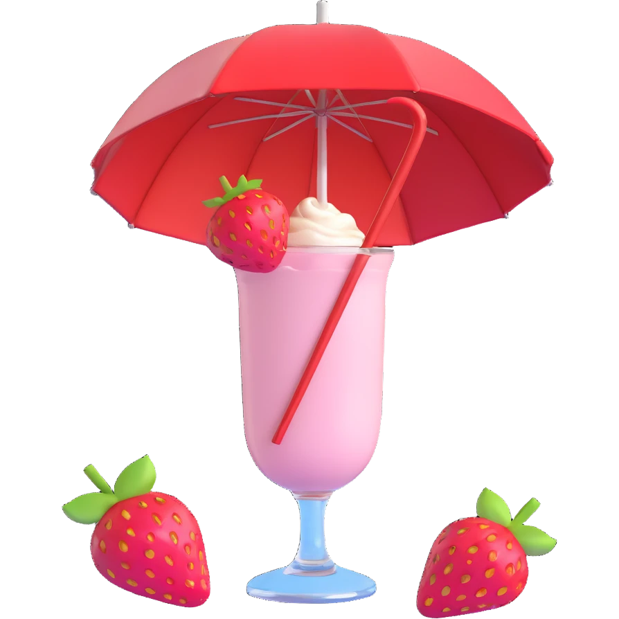 3D style strawberry milkshake with pink hue and cherry on top, glass with umbrella, tropical vibe emoji