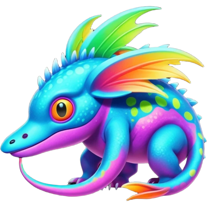 Exotic futuristic lush warm-colored neon tropical Fakémon-Fionbri-creature with cool-colored splash markings  emoji