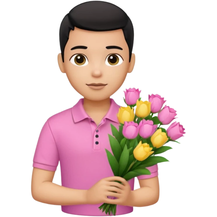 generate a pretty bratz boy wearing a pink polo shirt. Black middle part hair. handsome carrying flowers emoji