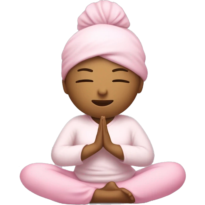 Chica haciendo yoga, con tés blanca y ropa rosa pastel y audífonos, en posición de meditación  emoji