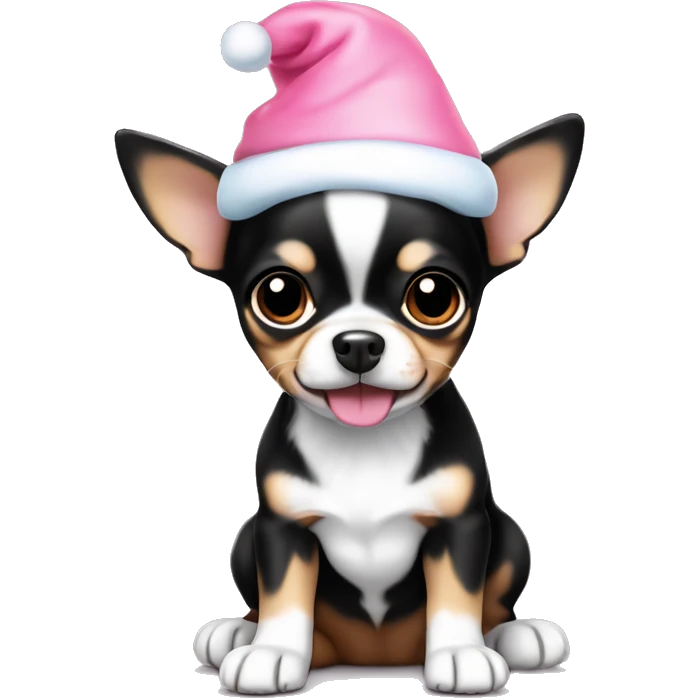 black & tan chihuahua puppy full body light blue eyes pink christmas hat on emoji