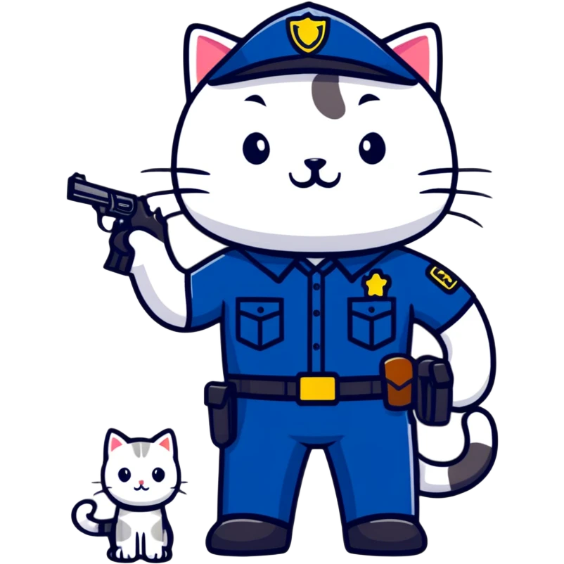 a police officer standing next to a mischievous cat holding a toy gun emoji