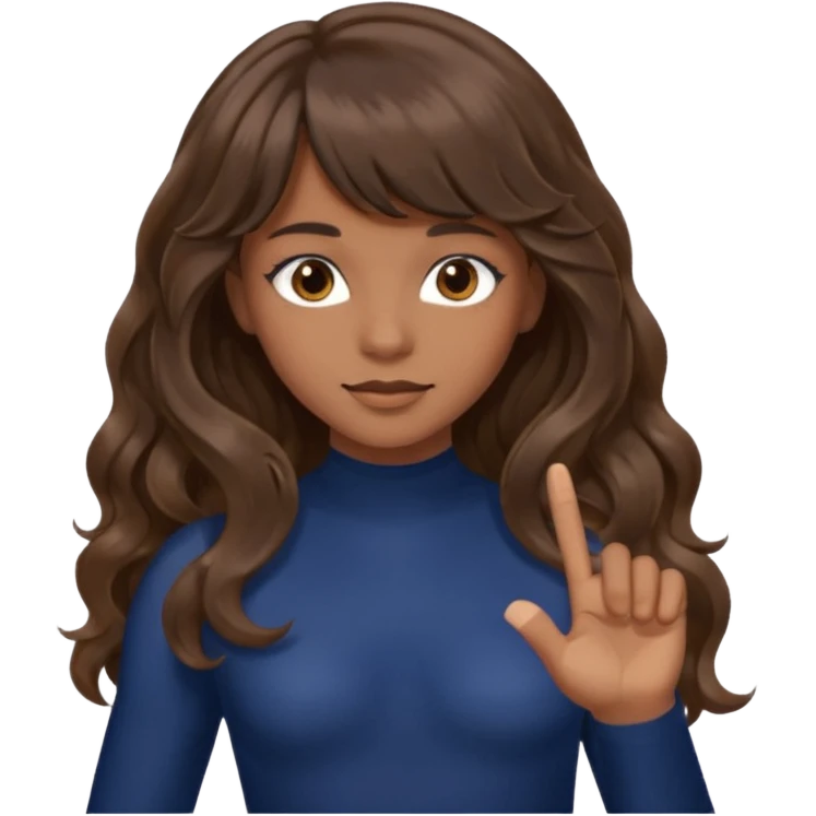 Uzun kahverengi dalgalı saçlı kahverengi gözlü esmer perçemli üzerinde lacivert parmak detaylı body olan bir kız yap emoji