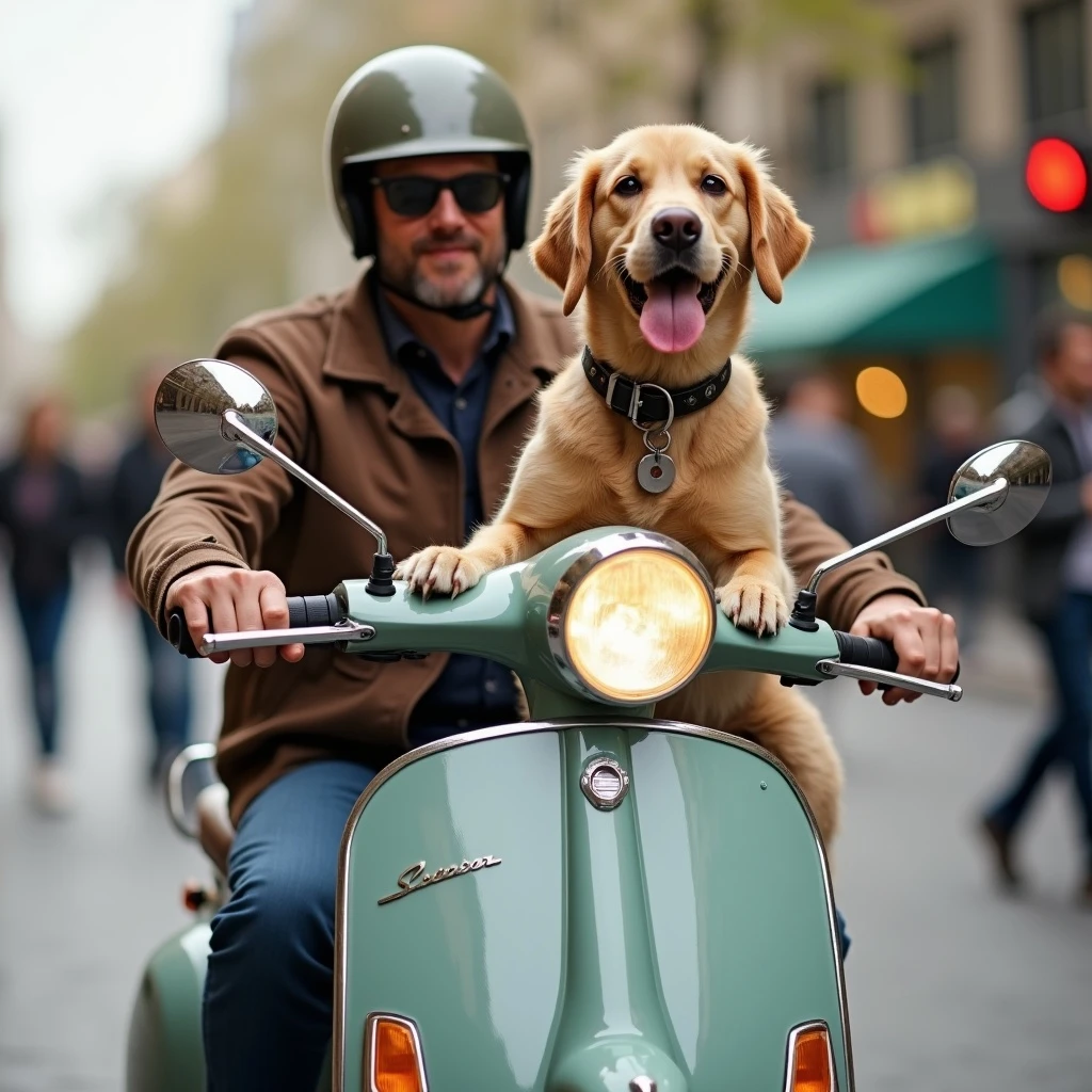man and his pet dog riding a vespa emoji