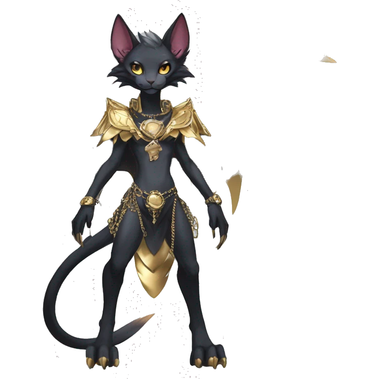 cool anthro punk kawaii edgy distinguished pretty elegant beautiful fantasy black ethereal nargacuga-Noivern-sphynx-Quiana-Fakemon collar harness gold chains necklace full body emoji
