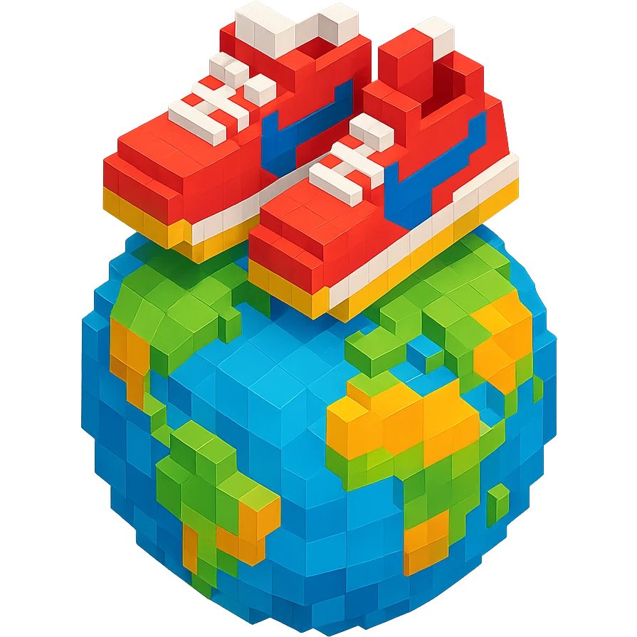 isometric view of Earth globe with a pair of Nike Cortez sneakers walking on top, voxel style emoji