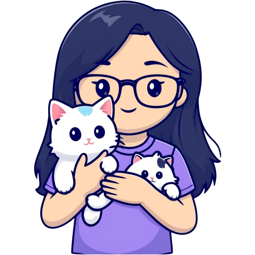 Beautiful girl with long black hair and glasses holding a white kitten emoji