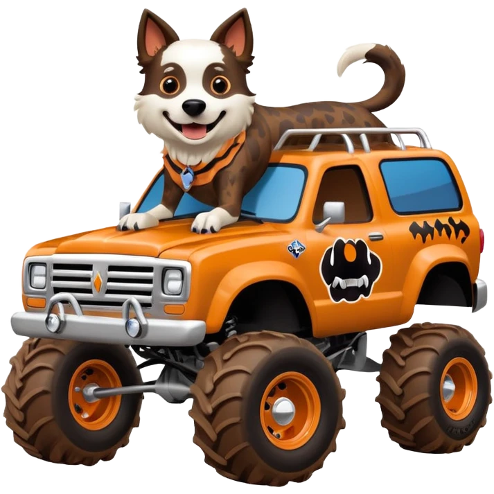 1 girl Monster Mutt - Monster Jam (Model Year: 2021) (Iconic colour: Brown with dog features) - A unique monster truck with playful, dog-inspired design cues. The vehicle is painted. emoji