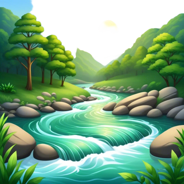Cinematic Realistic River Emoji, Serene and flowing, with sparkling water meandering through lush greenery, surrounded by trees and rocks. The sun dances across the rippling surface, creating glimmering reflections while birds fly overhead. Soft glowing outline, capturing the essence of peacefulness and tranquility in a meandering river. emoji