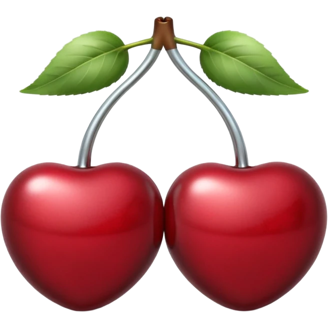 A pair of cherries emoji made of polished silver chrome, smooth rounded shapes, glossy metallic finish, soft highlights and reflections, cute proportions, iOS emoji style, centered, clean white background, no text emoji