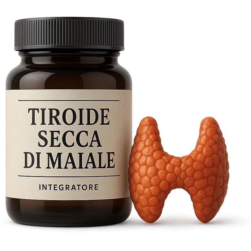 supplement jar labeled 'Tiroide Secca di Maiale' next to a small stylized thyroid illustration, isolated on white, hyperrealistic 4K emoji