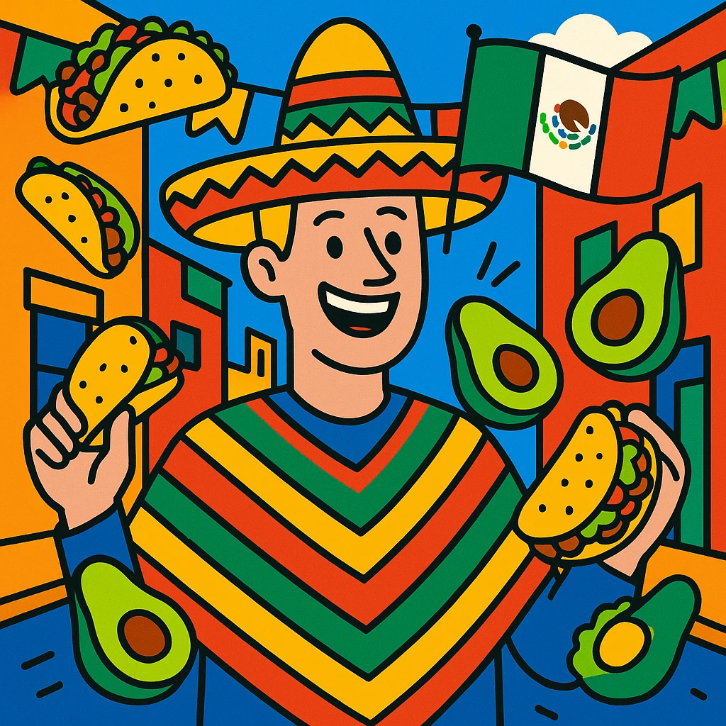 festive Cinco de Mayo cartoon of a tall white American with blonde hair, smiling, wearing a colorful poncho, holding a taco and an avocado, waving a Mexico flag, surrounded by tacos and avocados, on a lively street background, bright and bold colors emoji