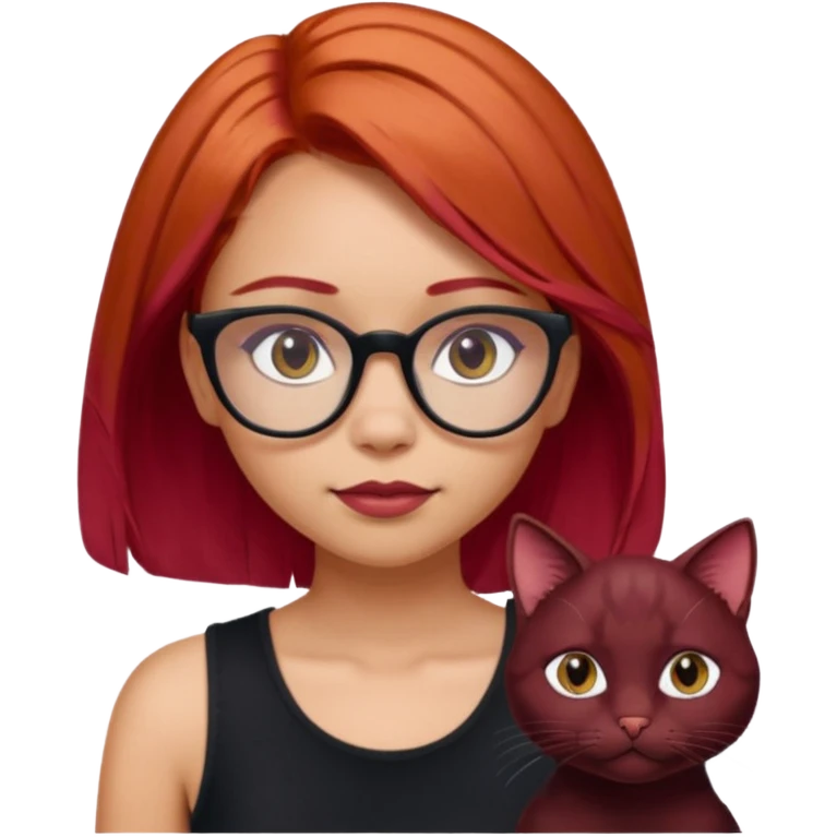 iPhone emoji of a girl with light red hair, shoulder-length hair, a small mole above her left eyebrow, wearing a black sleeveless top, and subtle dark maroon cat-eye glasses. emoji
