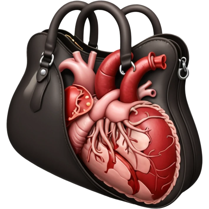 A black designer handbag, unzipped and spilling out raw, graphic organs—intestines, heart, liver—wet, and bloodied. violent or visceral extraction. The contents are unmistakably organic and human, with visible veins, texture, and flesh detail.  
 emoji