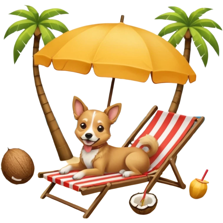 a dog laied on a beach chair, a sunny beach, a sun umbrella, and beach coconut trees. the icon should capture the essence of a relaxing beach vacation with a carefree atmosphere emoji