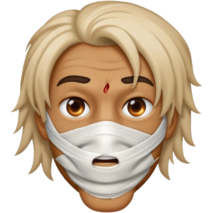 his hair, lips, and the majority of his features are burned away. He is wrapped in bandages, His most prominent feature are his fully exposed mouth and eyeball, which are his only facial features not covered by bandages. emoji