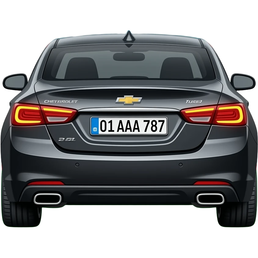 A realistic icon emoji of a metallic black sedan Chevrolet Malibu 2.0L Turbo Premier, rear, dark charcoal tint windows, black alloy 5-spoke rims, Dynamic amber glow LED headlights with sharp laser-beam effect, uzbekistan flag region, number texts "01 | AAA 787" in plate emoji