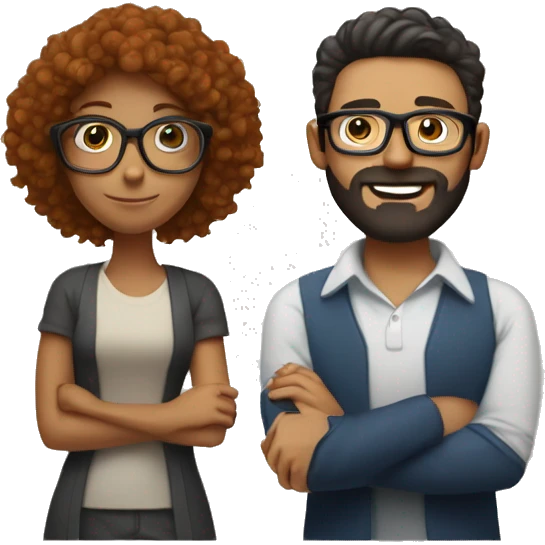  guy with ginger beard hugging dark brunette girl with frizzy short hair woman with glasses  emoji