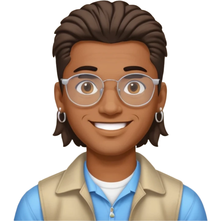 chico moreno con piercing en la ceja, pendientes, corte mullet y gafas y2k, expresión sonriente emoji