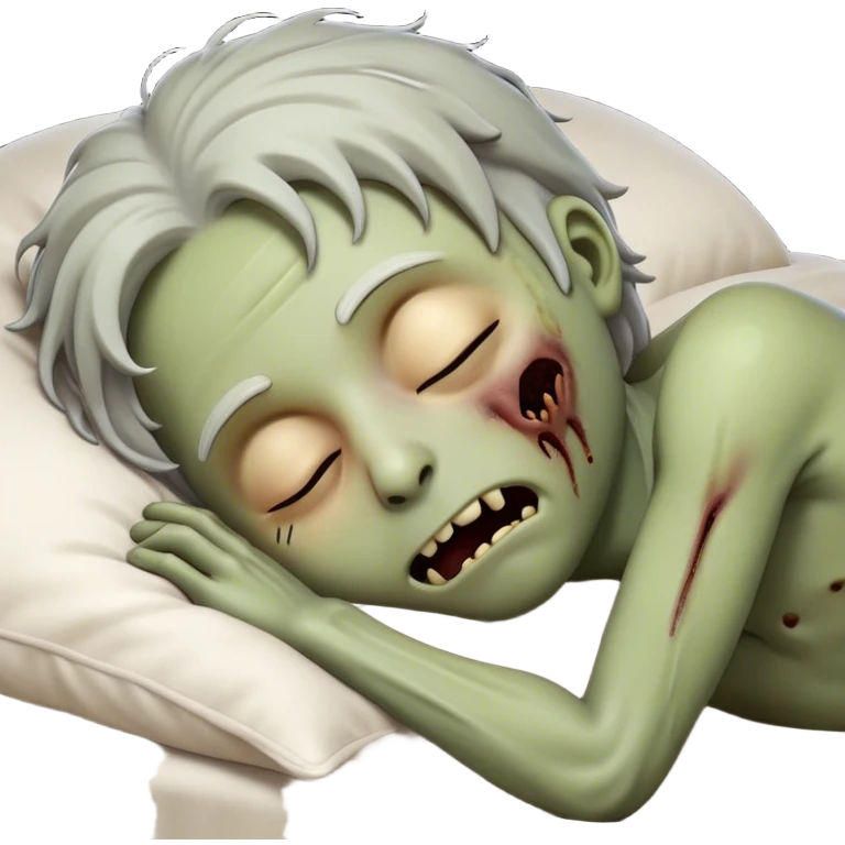 Meme-Worthy Cute Sleeping Zombie Portrait Emoji, with a delightfully quirky, slightly disheveled decaying face in soft ashen hues, head tilted back in peaceful, relaxed sleep with softly closed eyes and a tiny, endearing smile, simplified yet irresistibly charming, highly detailed with a soft eerie glowing outline that captures the gentle, unexpected cuteness of a zombie in serene repose! emoji