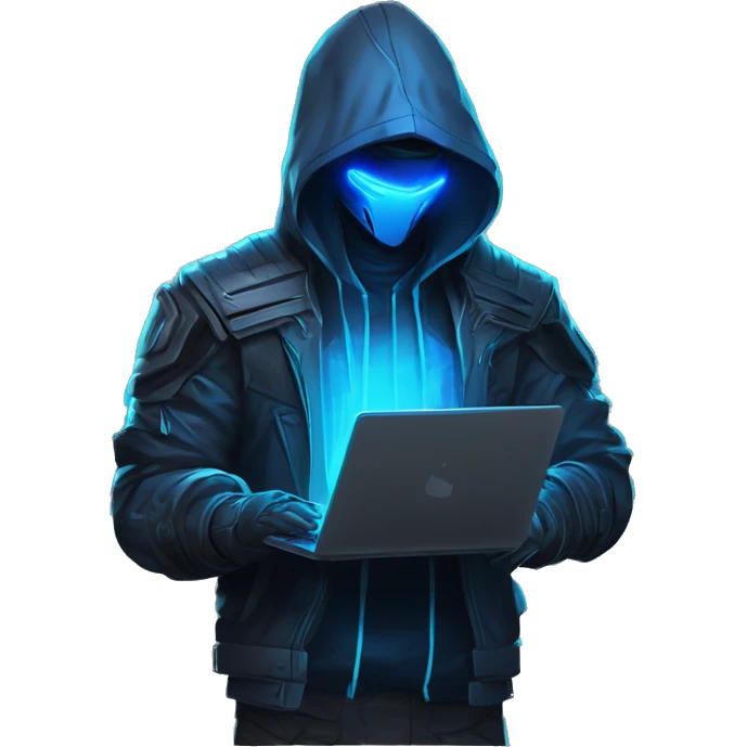 developer behind his laptop with this style : crysis Cyberpunk Riot Games Valorant neon glowing bright blue character blue black hooded assassin themed character emoji